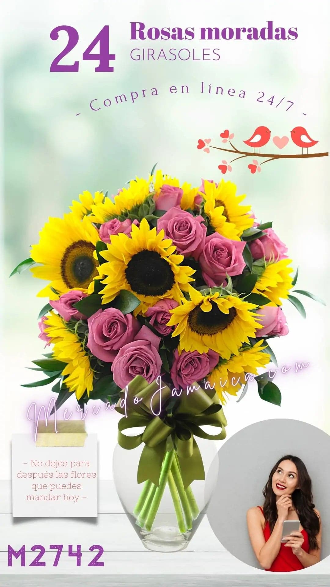 24 Rosas Rosas con 6 Girasoles en Florero CDMX