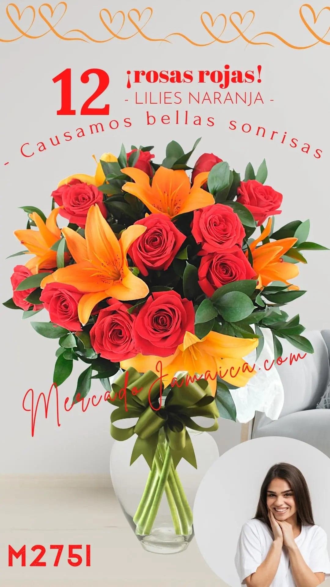 12 Rosas Rojas y Lilies Naranja en Florero CDMX