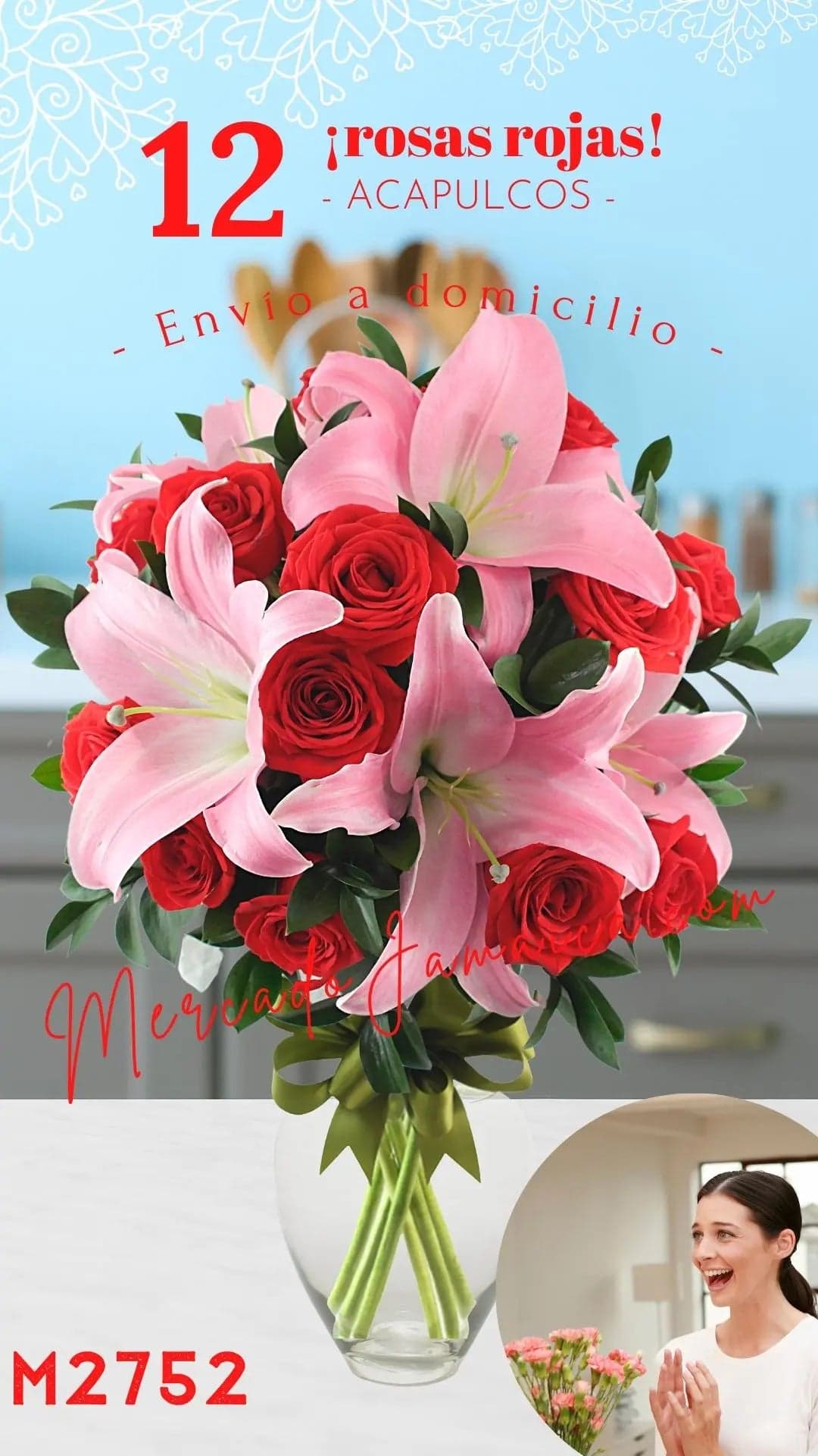12 Rosas Rojas con Acapulcos en Florero CDMX