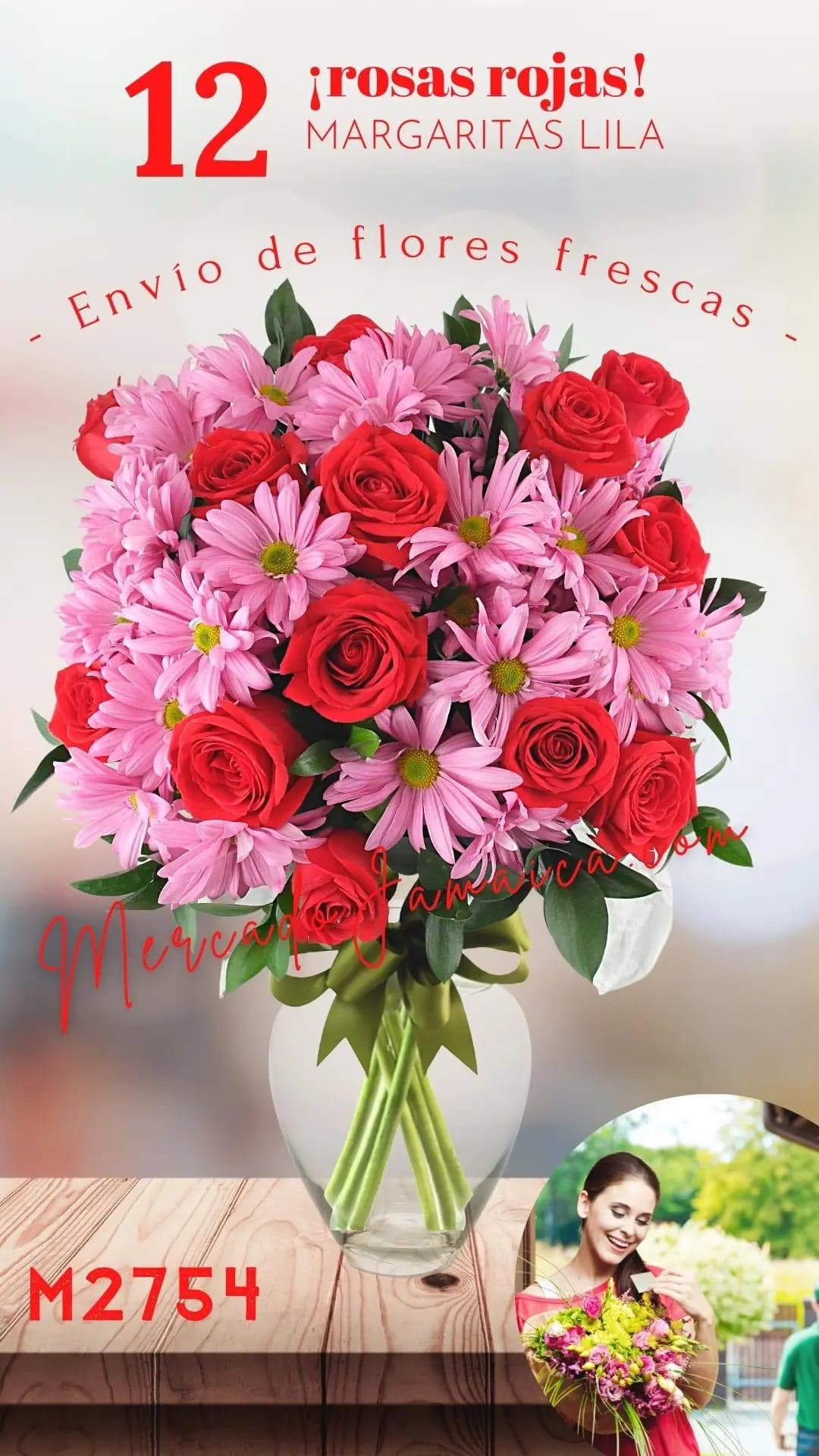12 Rosas Rojas con Margaritas Rosa – CDMX