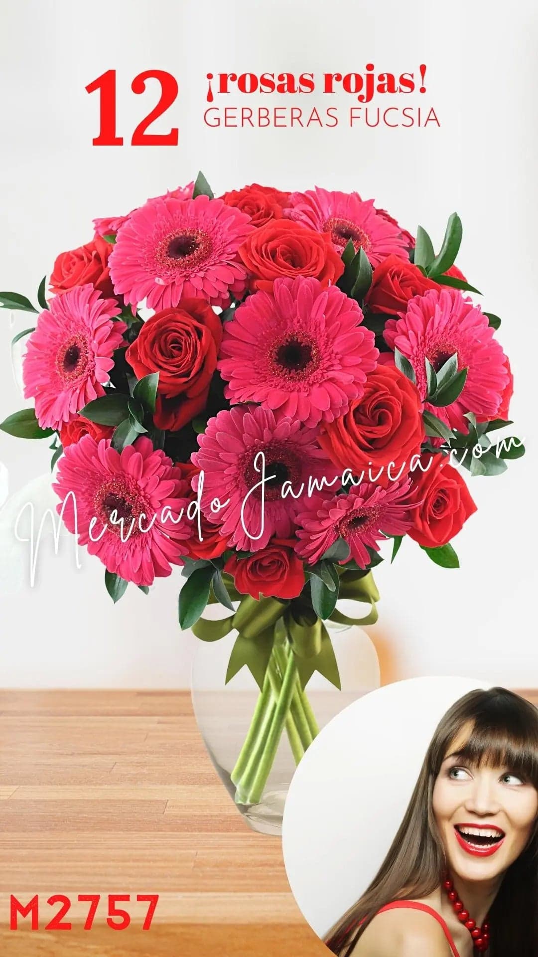 12 Rosas Rojas y Gerberas Fucsia en Florero CDMX
