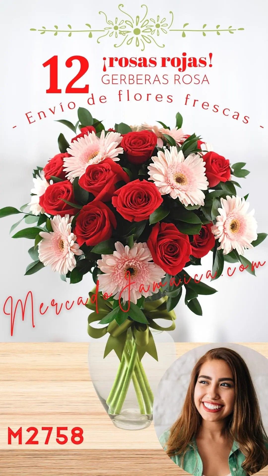 12 Rosas Rojas y Gerberas Rosa en Florero CDMX