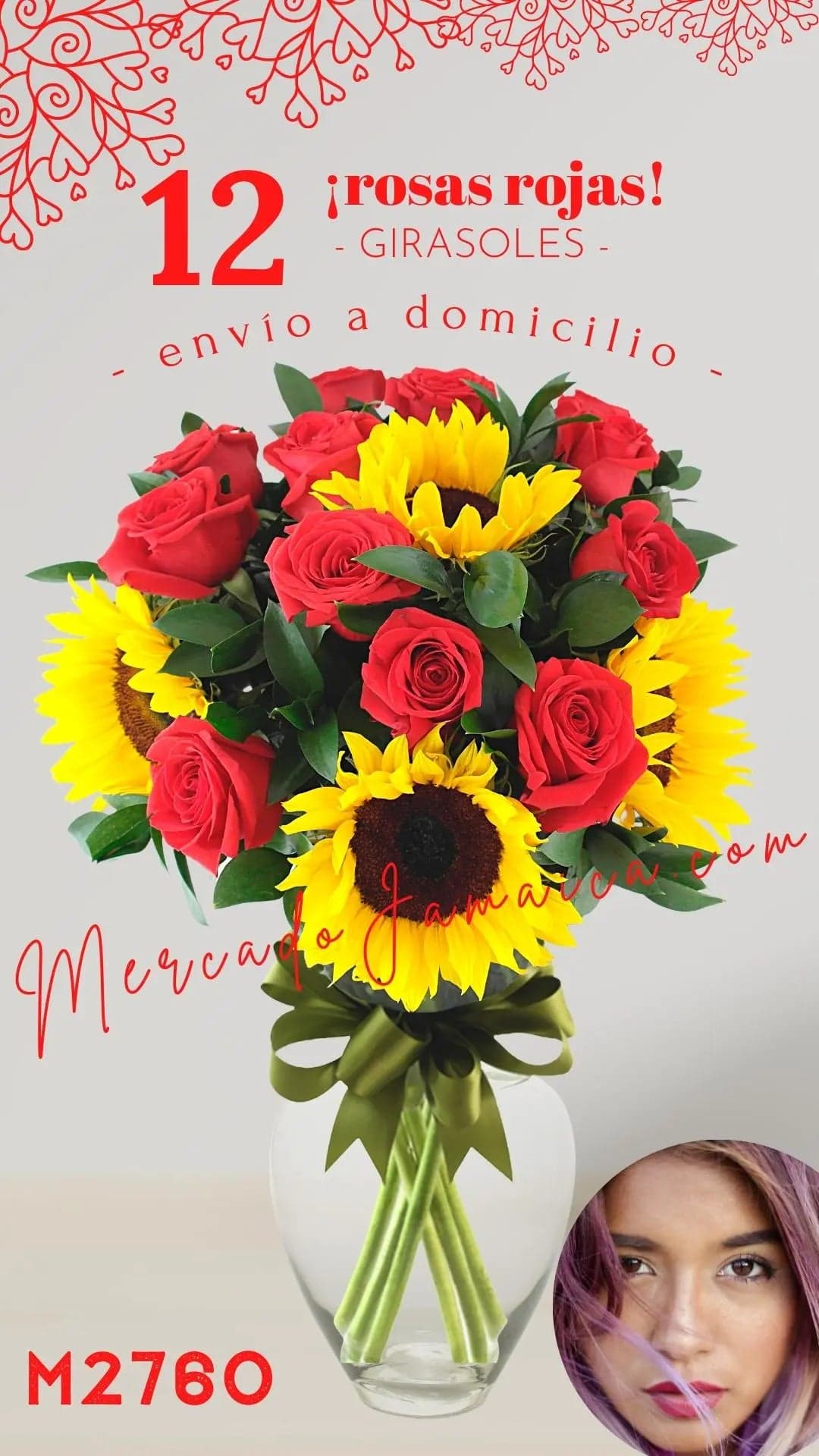 12 Rosas Rojas con Girasoles en Florero CDMX