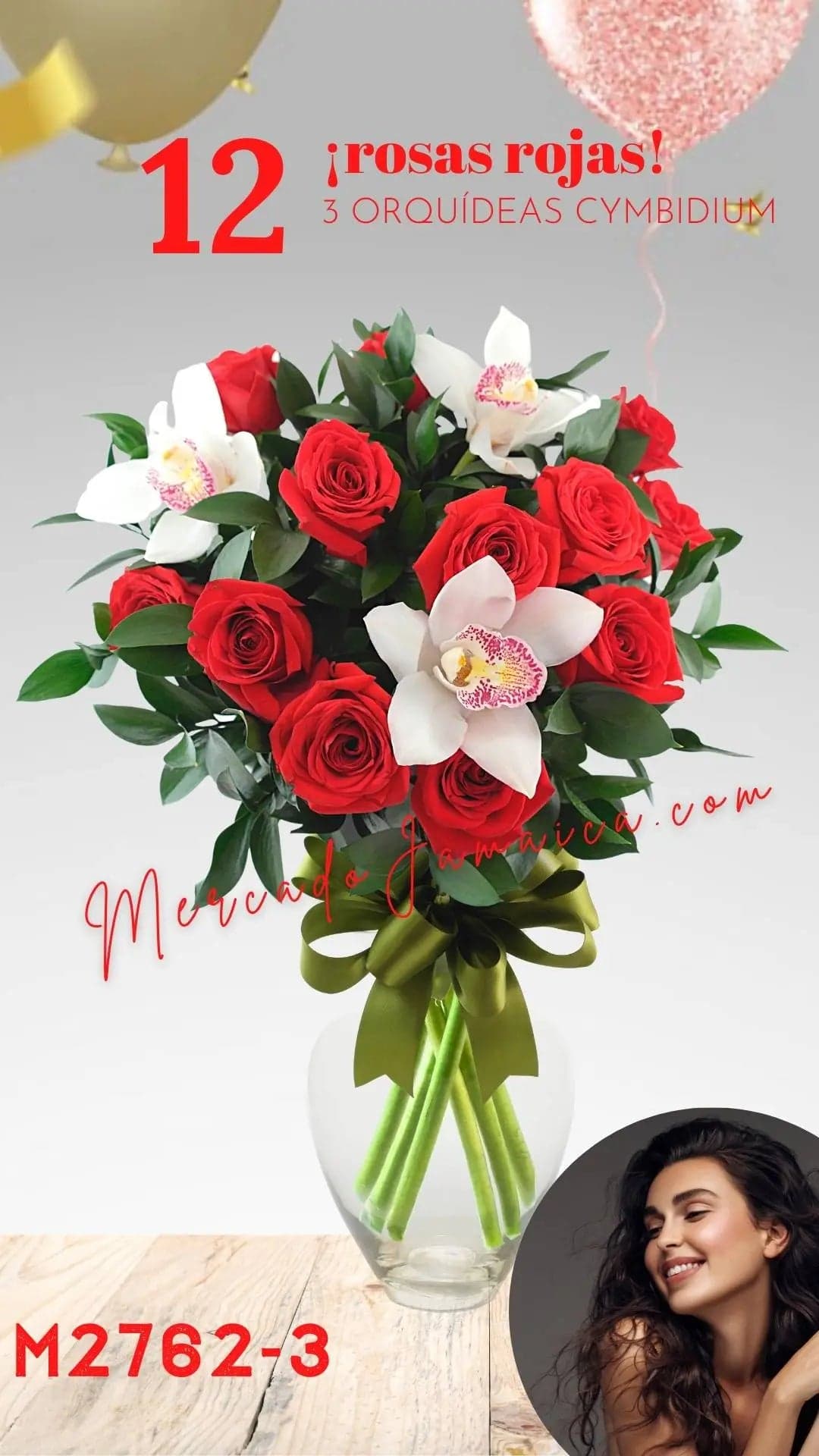 12 Rosas Rojas con 3 Orquídeas Cymbidium CDMX