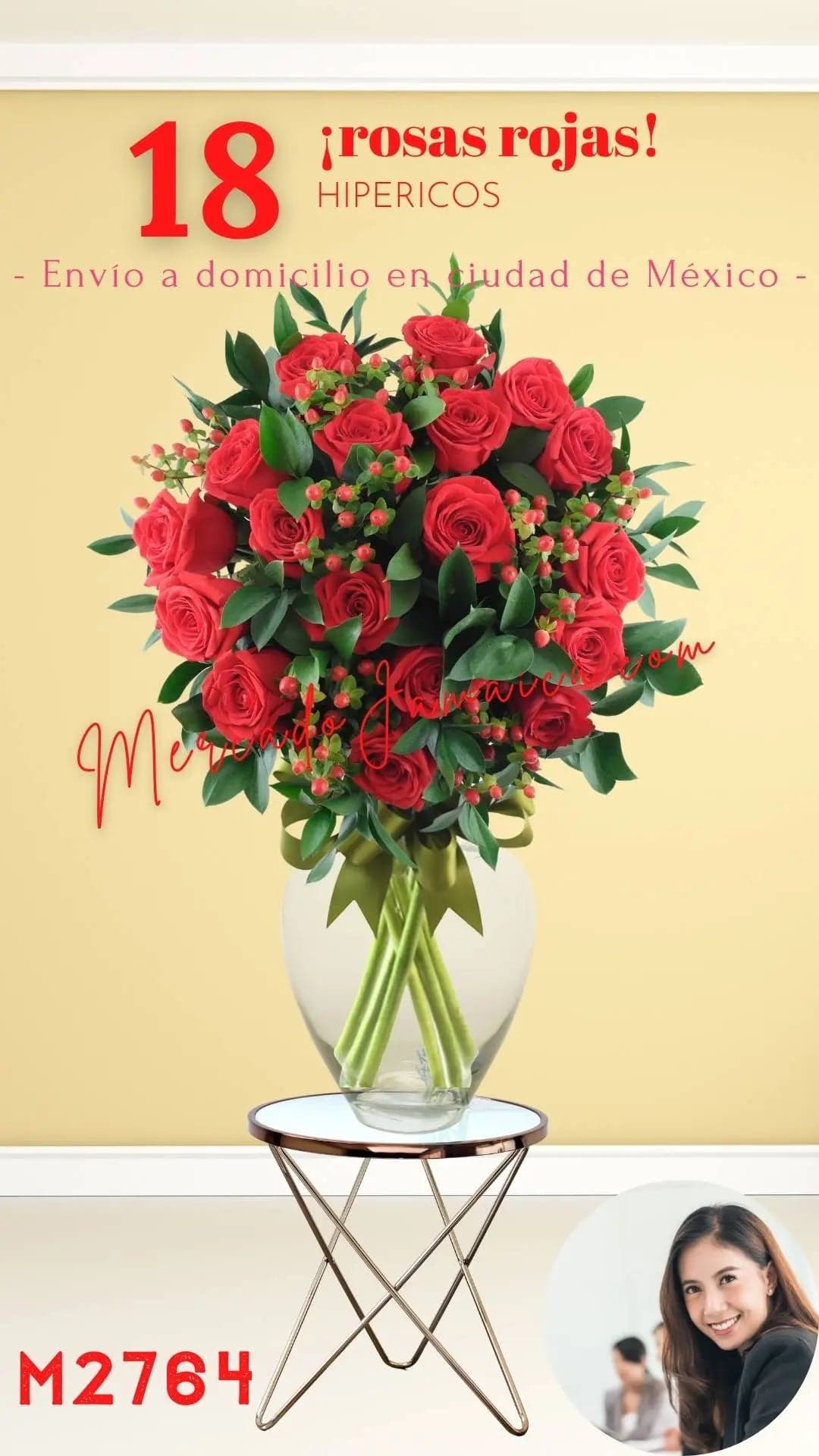 18 Rosas Rojas con Hipéricos en Florero · CDMX
