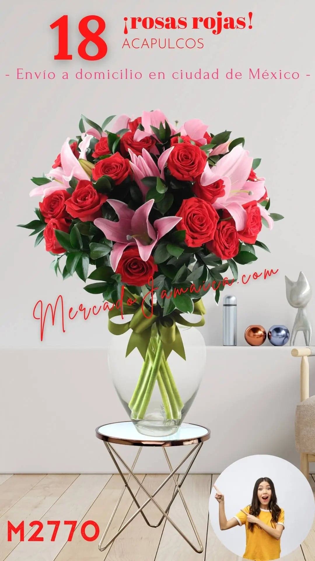 18 Rosas Rojas con Acapulcos en Florero | CDMX