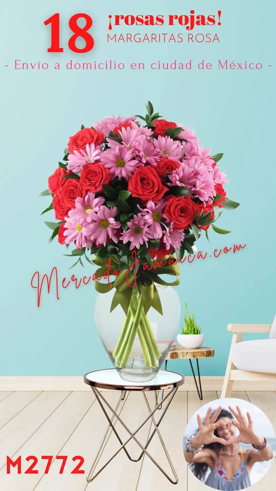 18 Rosas Rojas con Margaritas Rosa · CDMX