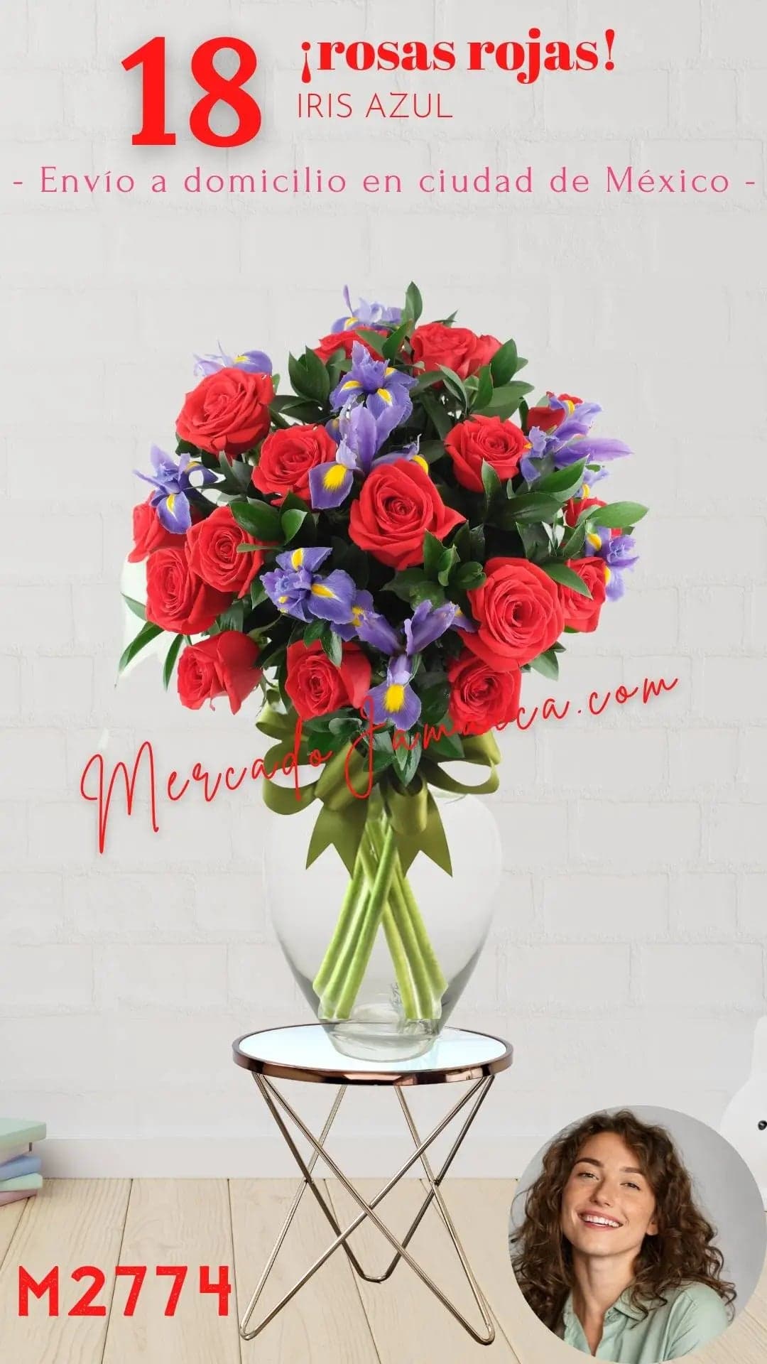 18 Rosas Rojas con Iris Azul en Florero CDMX