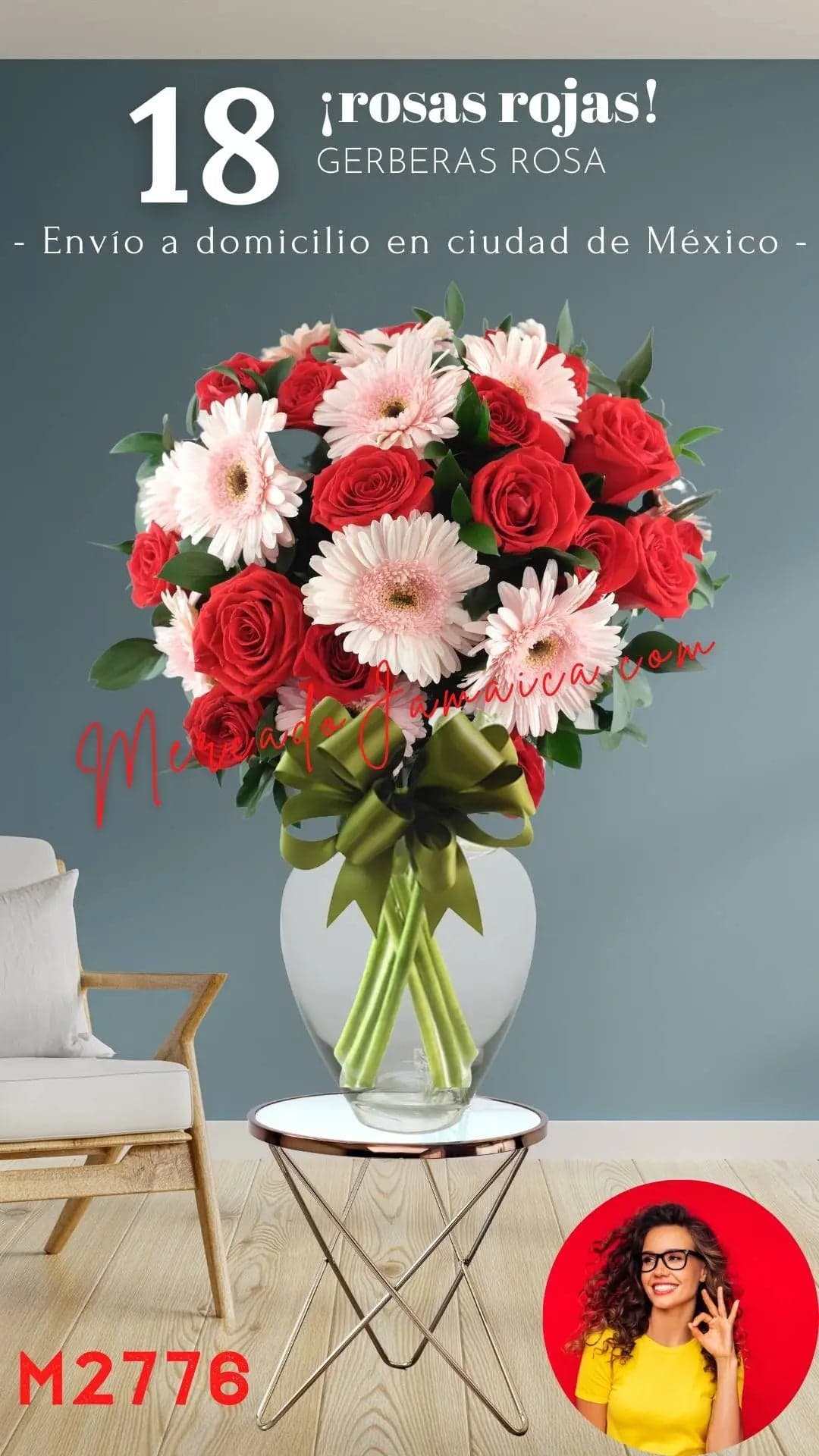 18 Rosas Rojas y Gerberas Rosa en Florero CDMX