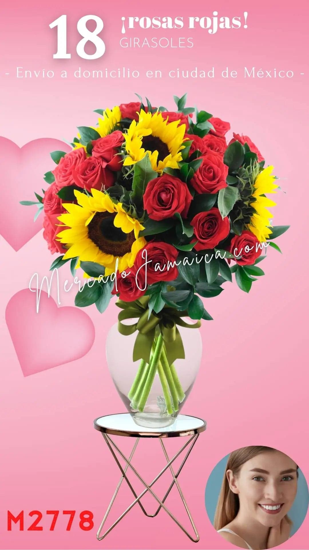18 Rosas Rojas con Girasoles en Florero CDMX