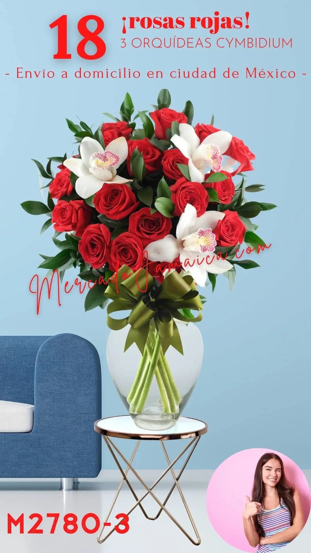 18 Rosas Rojas y 3 Orquídeas Cymbidium CDMX