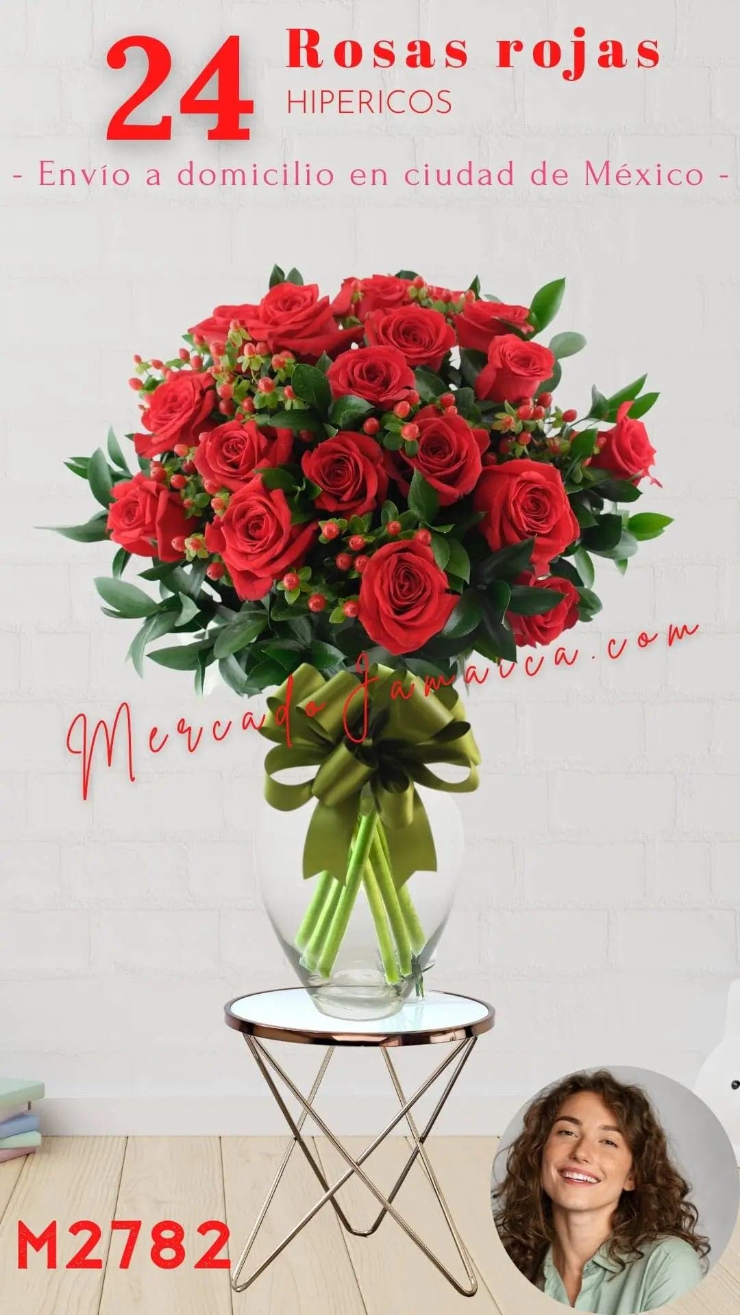 24 Rosas Rojas con Hipéricos en Florero · CDMX