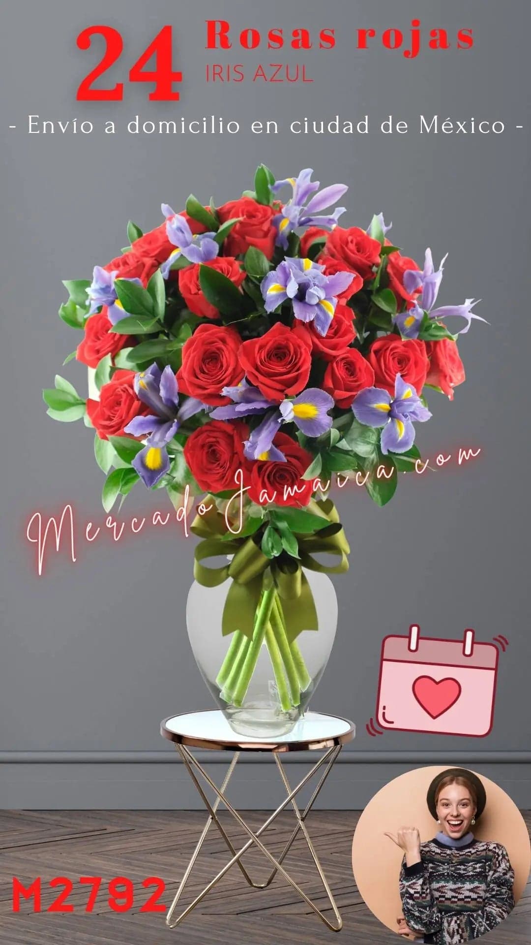 24 Rosas Rojas con Iris Azul en Florero CDMX