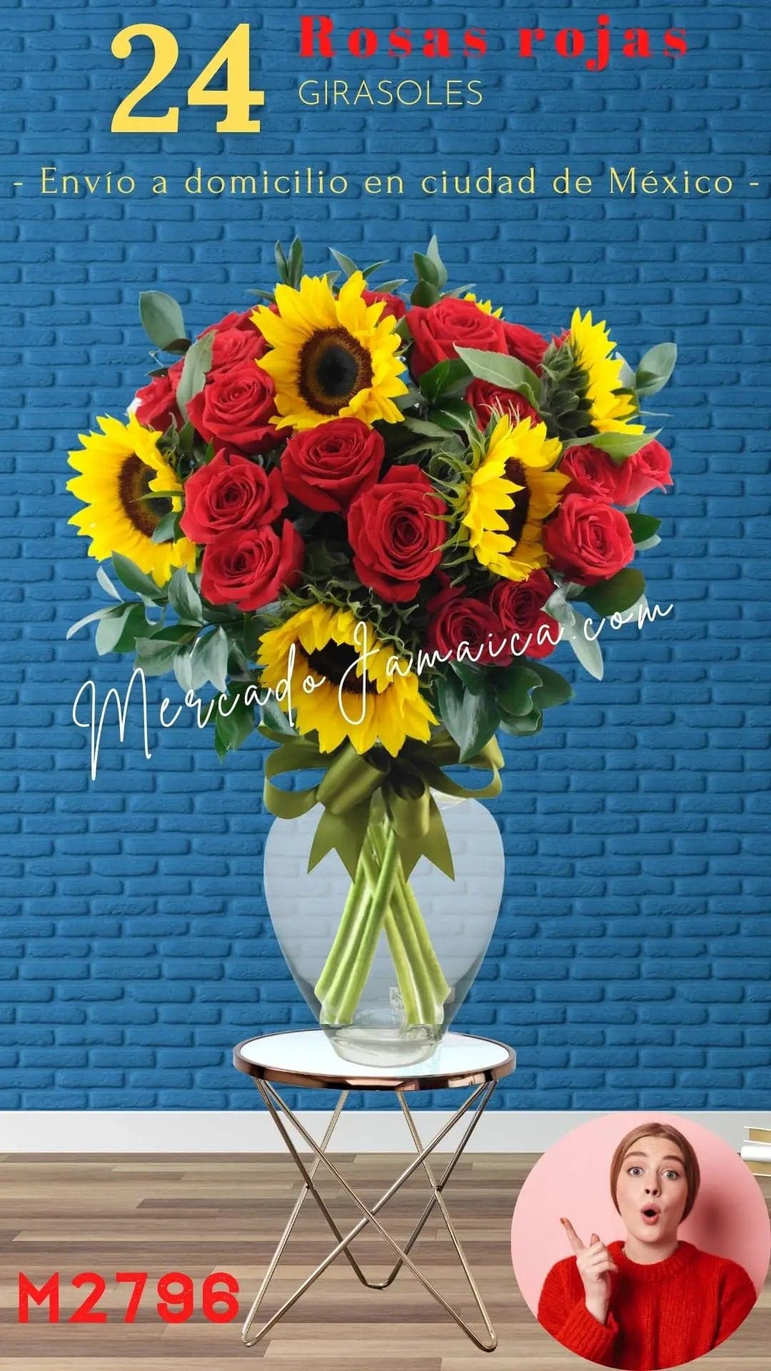 24 Rosas Rojas con Girasoles en CDMX