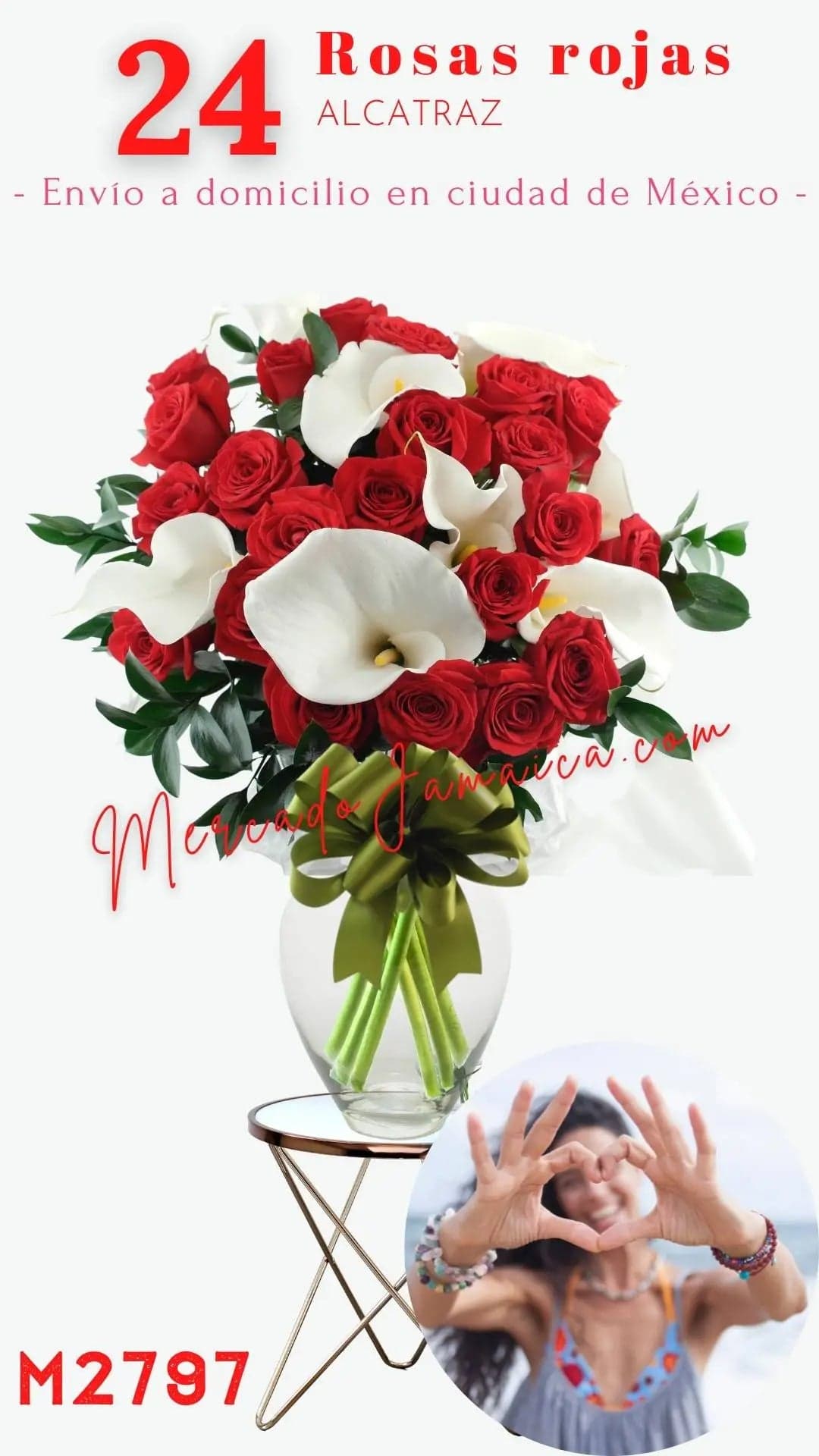 24 Rosas Rojas con Alcatraz en Florero CDMX