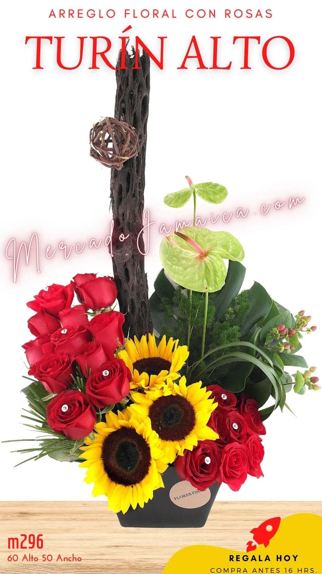 Arreglo Turin Alto: 18 Rosas, Girasoles y Anturios CDMX