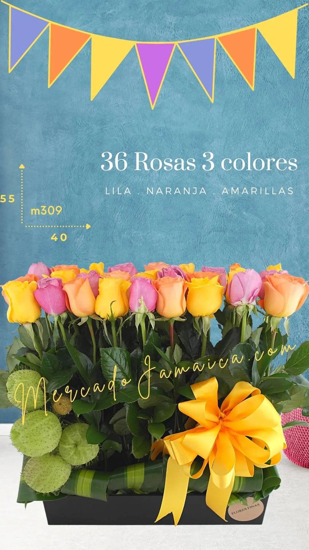 36 Rosas Naranja, Amarilla y Morada Jardinera CDMX