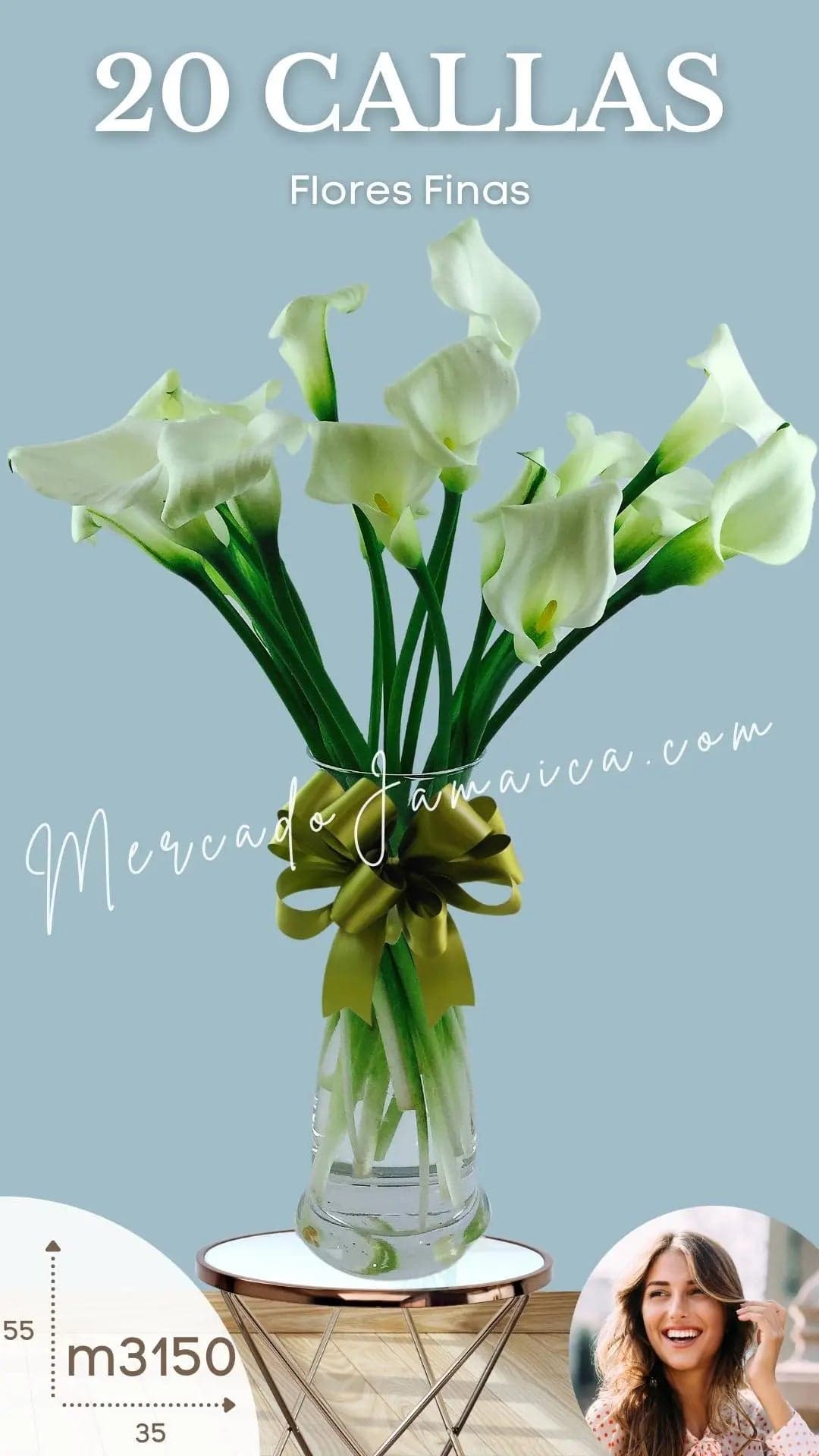 20 Callas Blancas en Florero de Cristal CDMX