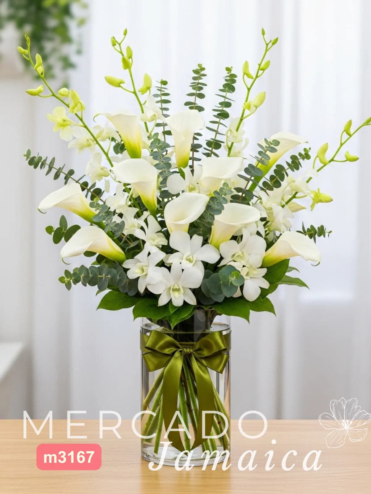 10 Callas y 10 Orquídeas Blancas en Florero CDMX