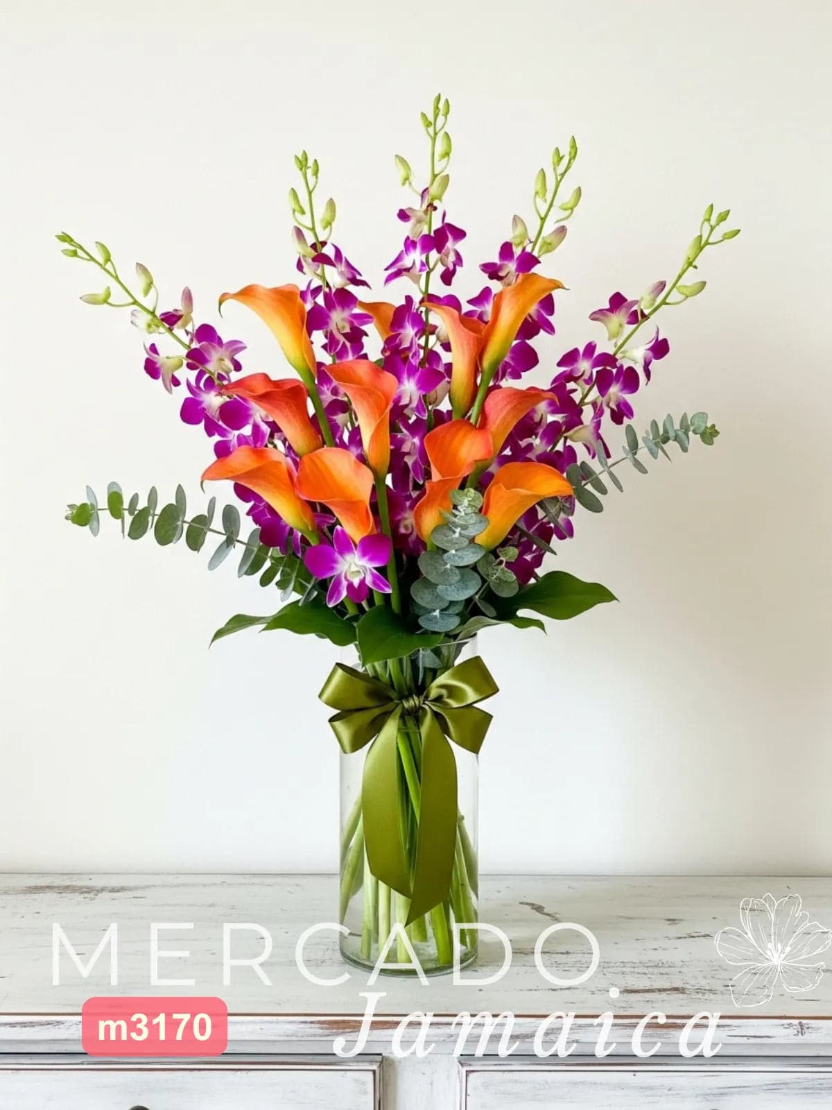 Arreglo 10 Callas Naranja y Orquídeas Lila CDMX