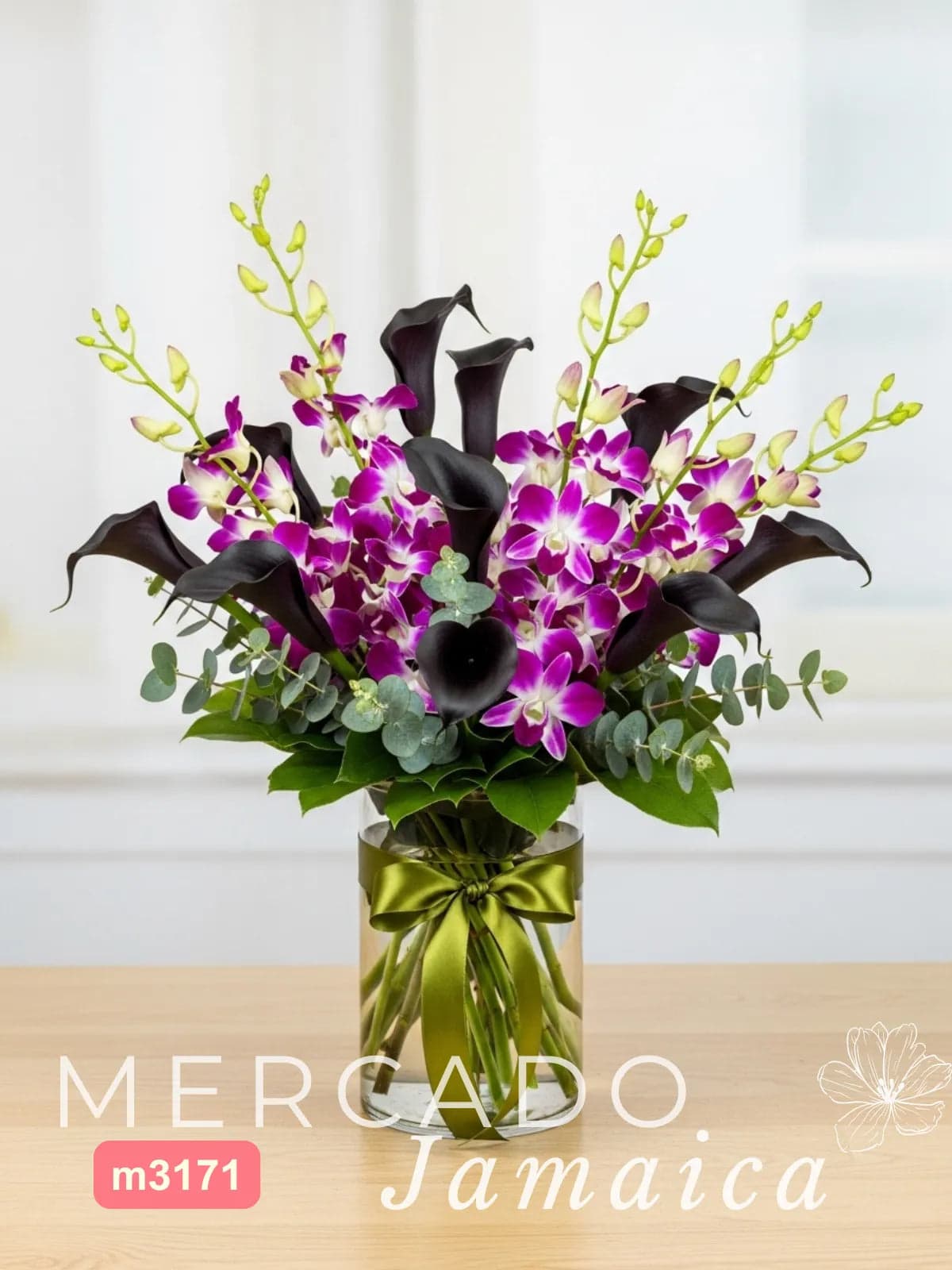 10 Callas Vino y 10 Orquídeas Lila en Florero CDMX