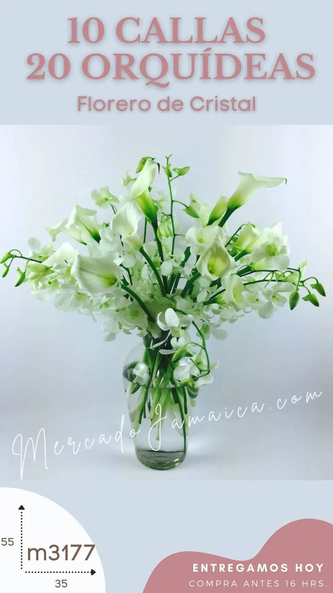 20 Callas y 10 Orquídeas Blancas en Florero CDMX