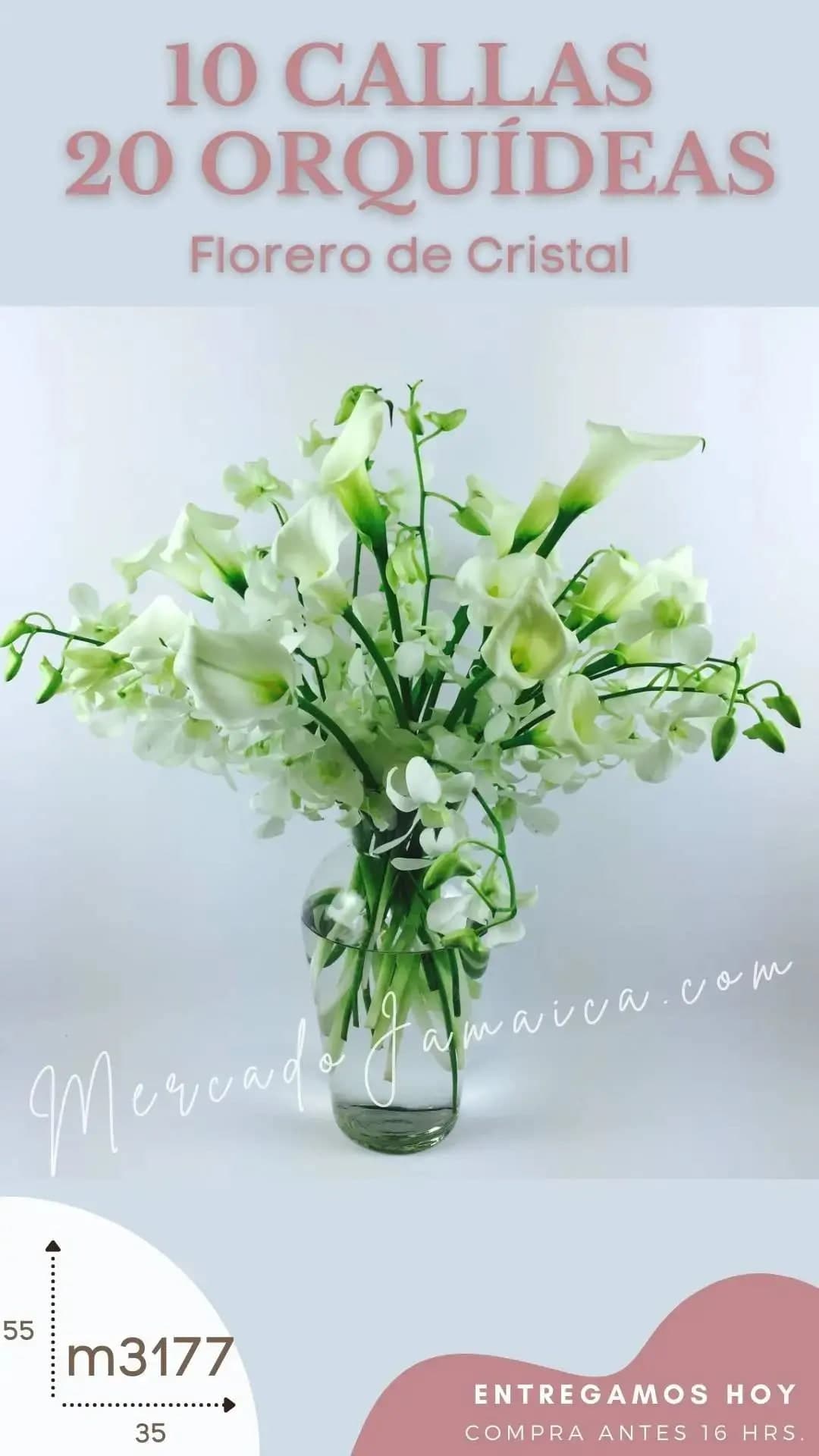 20 Callas y 10 Orquídeas Blancas en Florero CDMX
