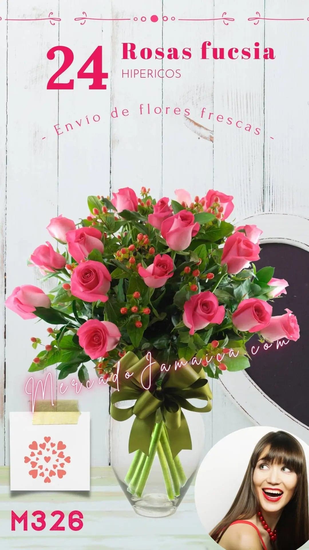 24 Rosas Fucsia con Hipérico Rojo en Florero CDMX