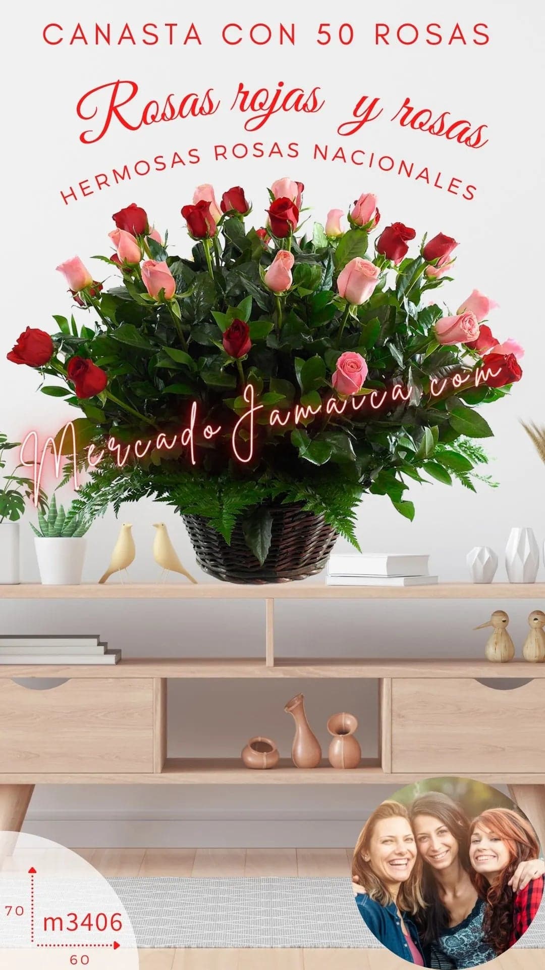 Canasta 50 Rosas Rojas y Rosa a Domicilio CDMX