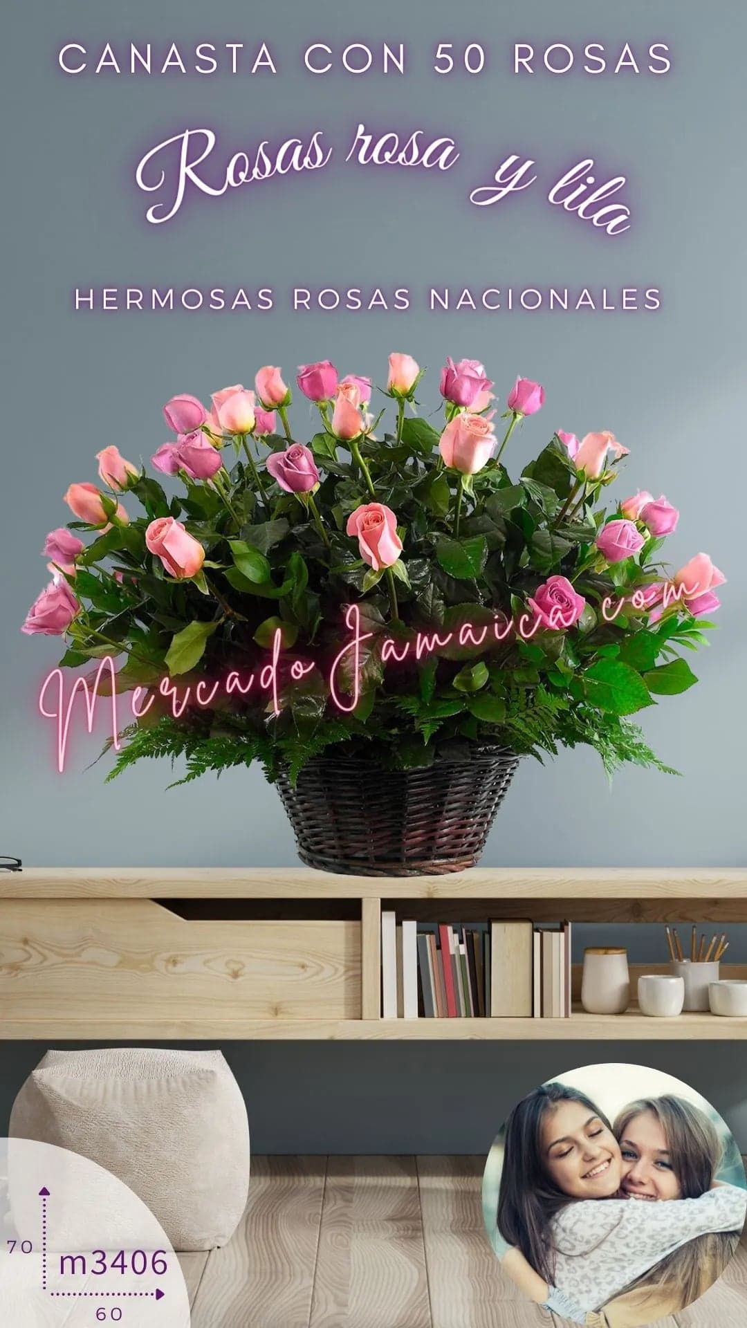 Canasta 50 Rosas Moradas y Rosa CDMX