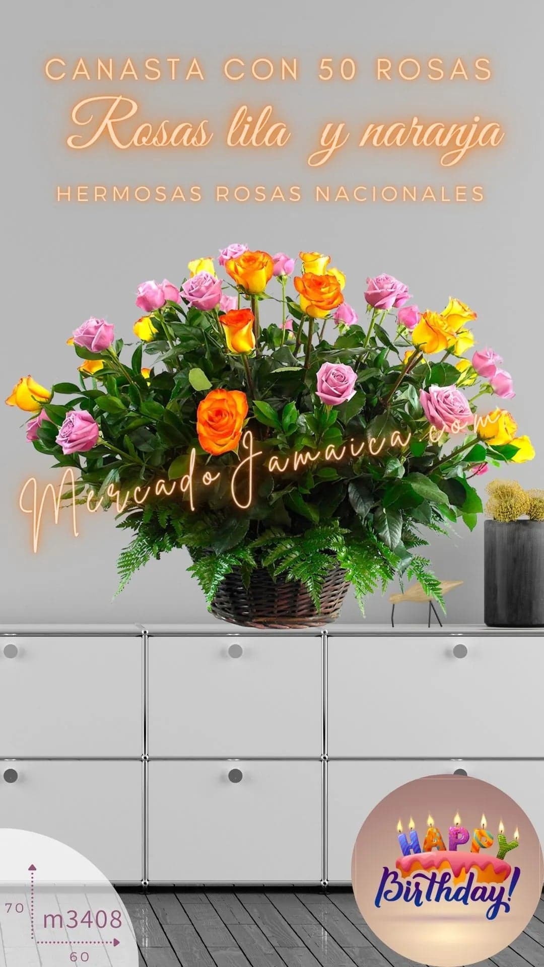 Canasta 50 Rosas Moradas y Rosa-Naranja CDMX