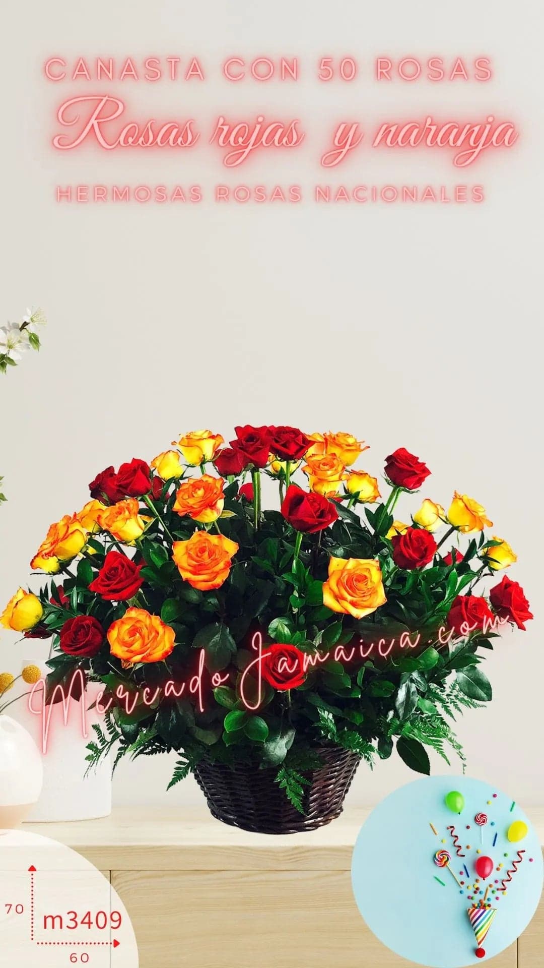 Canasta 50 Rosas Rojas y Naranja a Domicilio CDMX