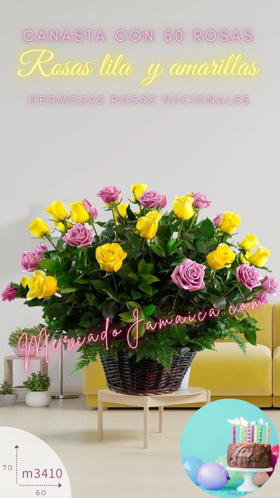 Canasta 50 Rosas Moradas y Amarillas a Domicilio CDMX