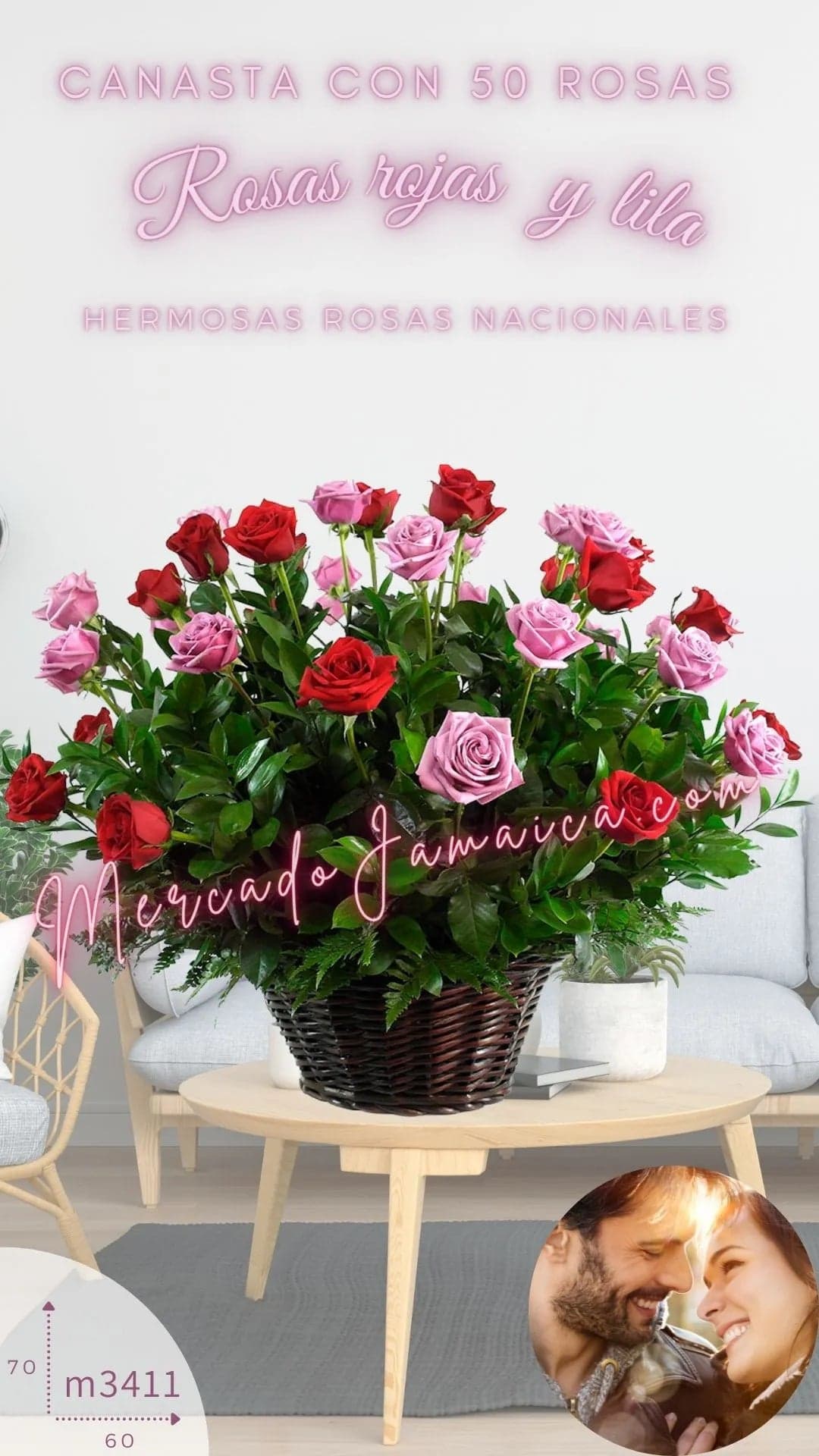 Canasta 50 Rosas Moradas y Rojas a Domicilio CDMX