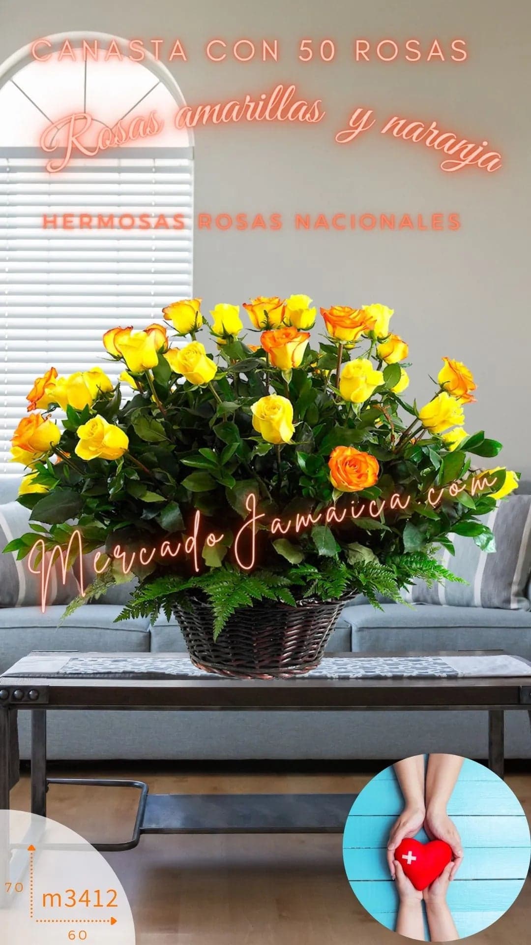 Canasta 50 Rosas Naranja y Amarilla Cumpleaños CDMX