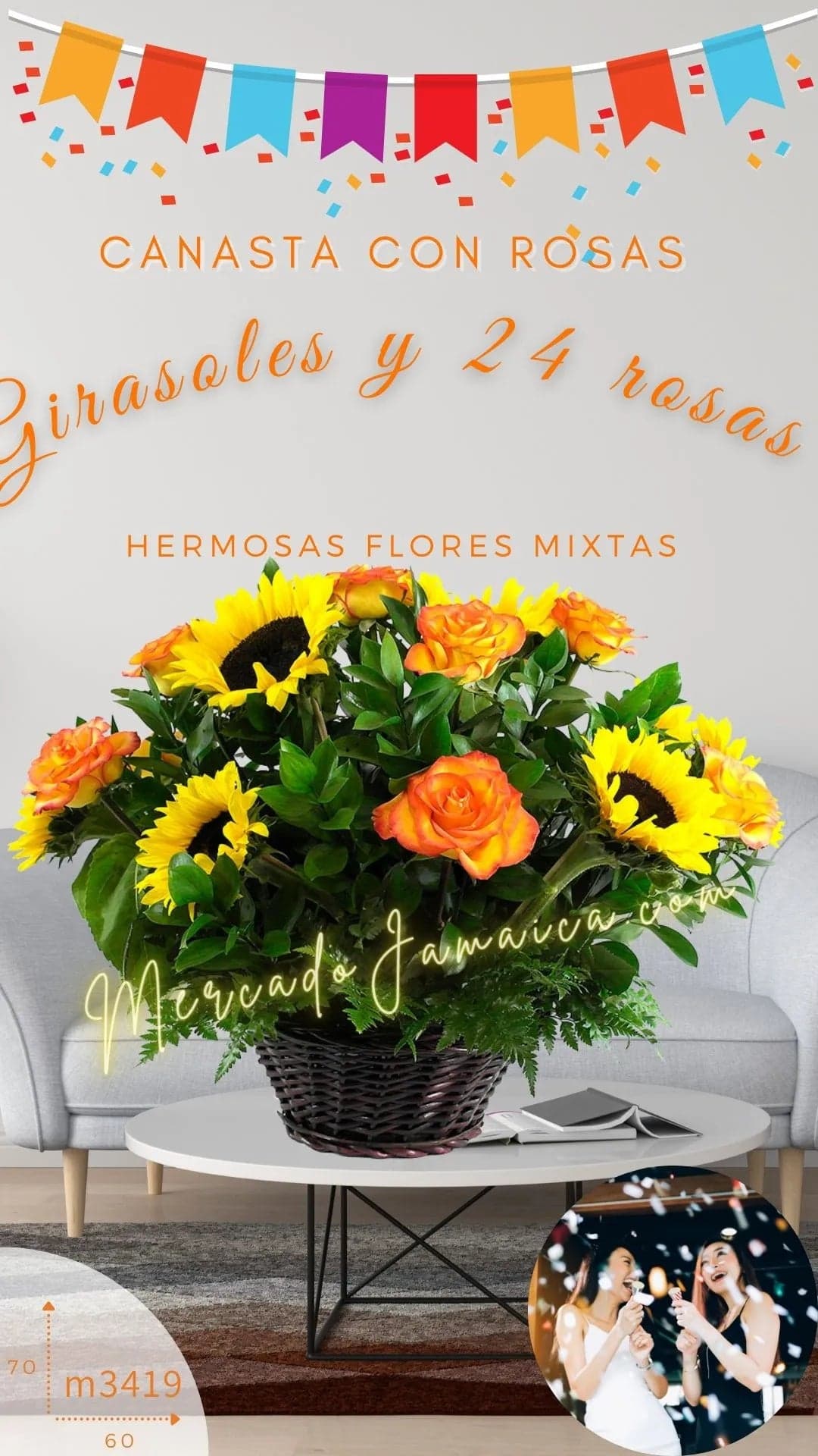 Canasta 24 Rosas Naranja y 10 Girasoles CDMX