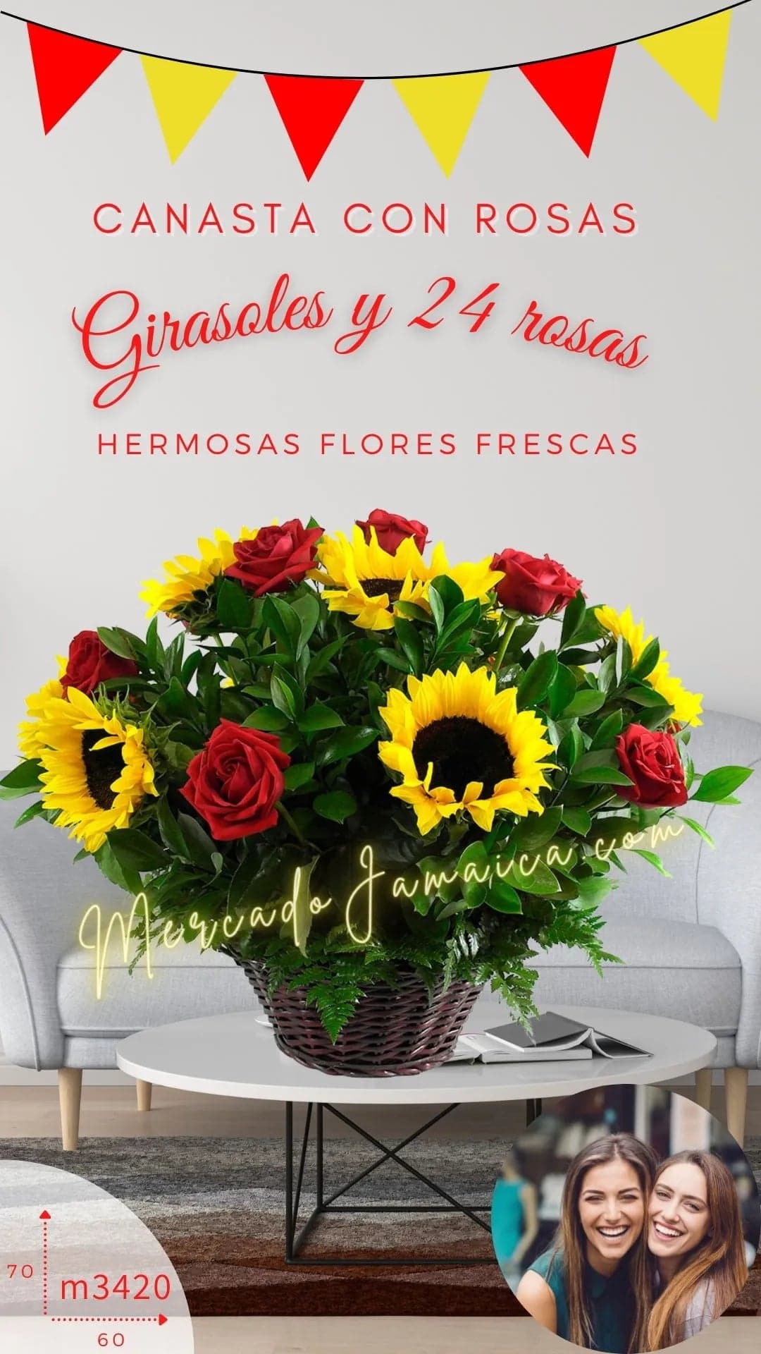 Canasta 24 Rosas Rojas y Girasoles a Domicilio CDMX