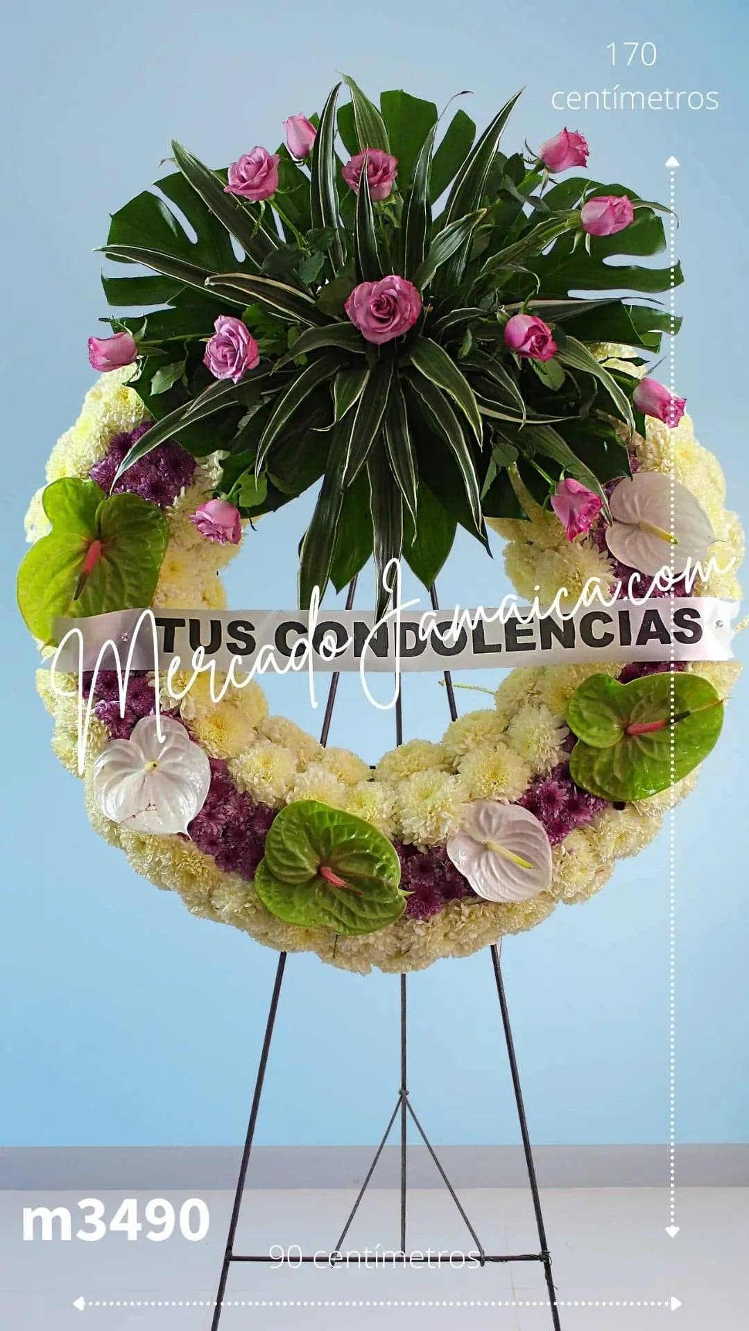 Corona Fúnebre 120 Flores Blancas y Rosas Moradas CDMX