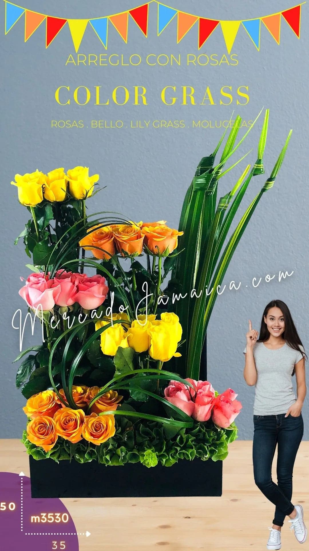 Arreglo 36 Rosas Tricolor en Caja Madera CDMX