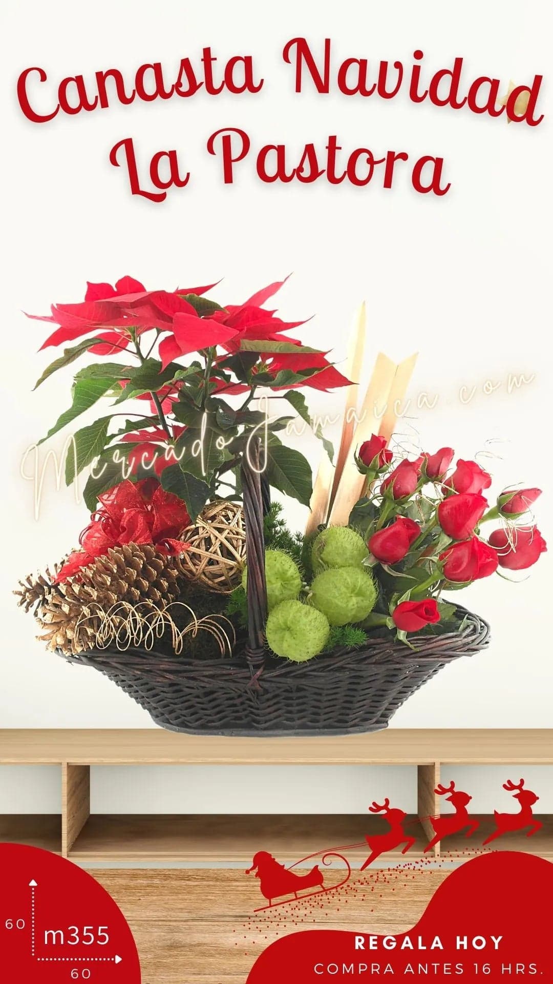 Canasta Navideña 12 Rosas Rojas y Nochebuena CDMX