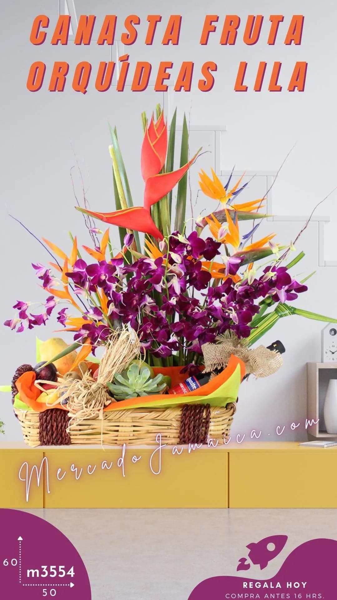 Canasta Frutal con Orquídeas Lila y Vino CDMX