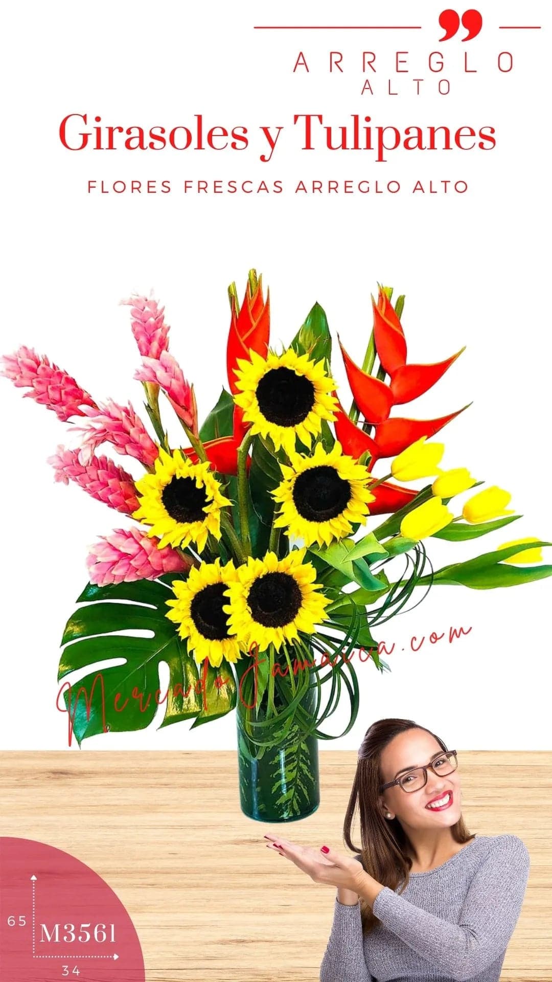 Arreglo Girasoles y Tulipanes en Florero CDMX