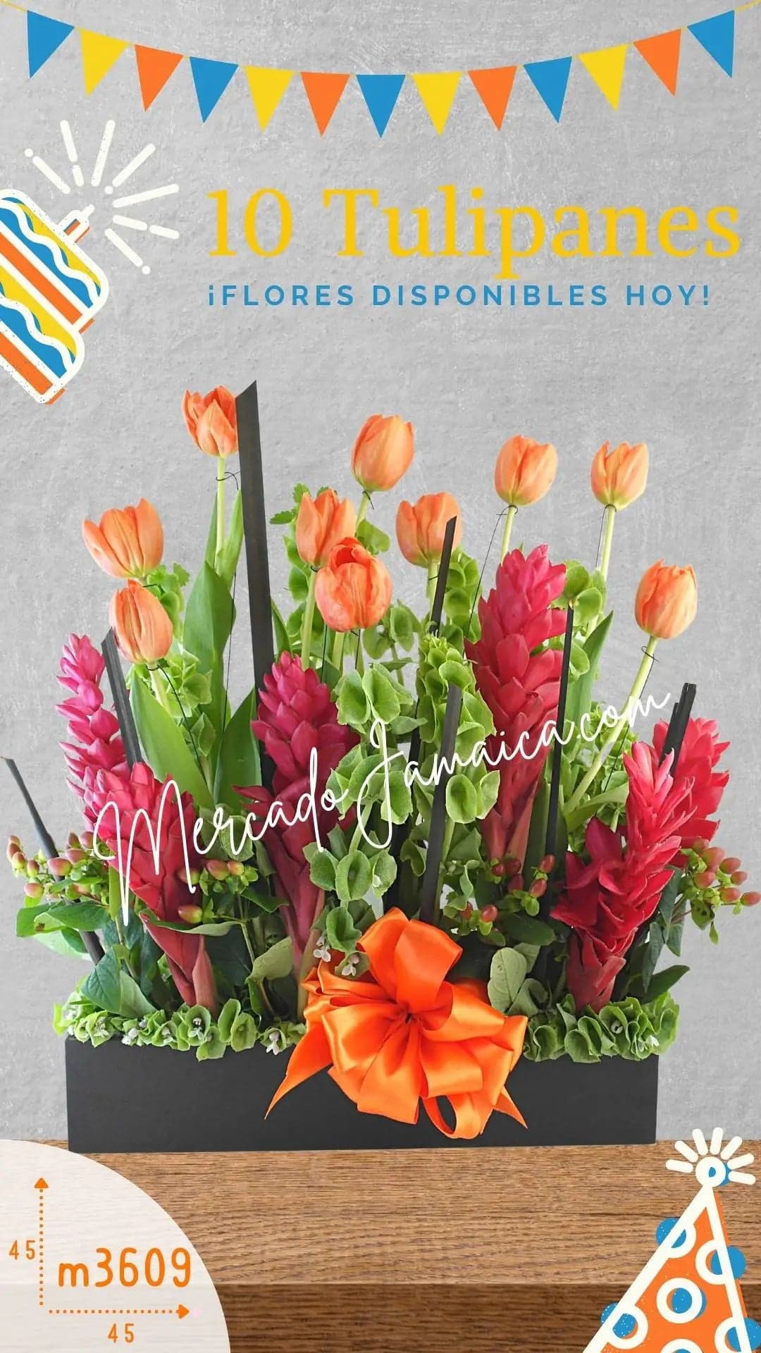 Arreglo 10 Tulipanes Naranja y Ginger Rojo CDMX
