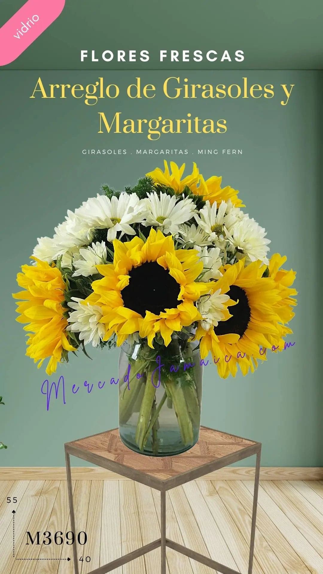 Arreglo 8 Girasoles y Margaritas en Florero CDMX