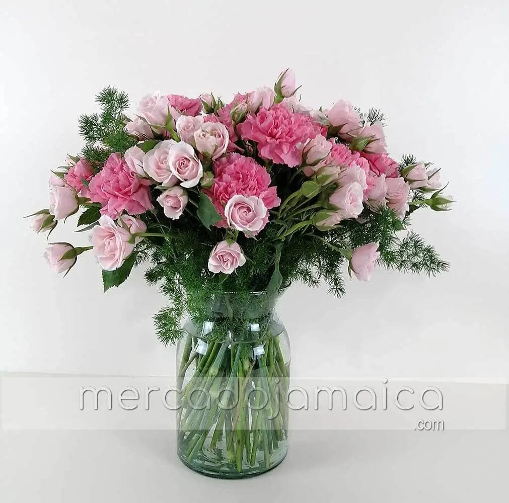 Arreglo Mini Rosas y Claveles Rosa en Florero CDMX