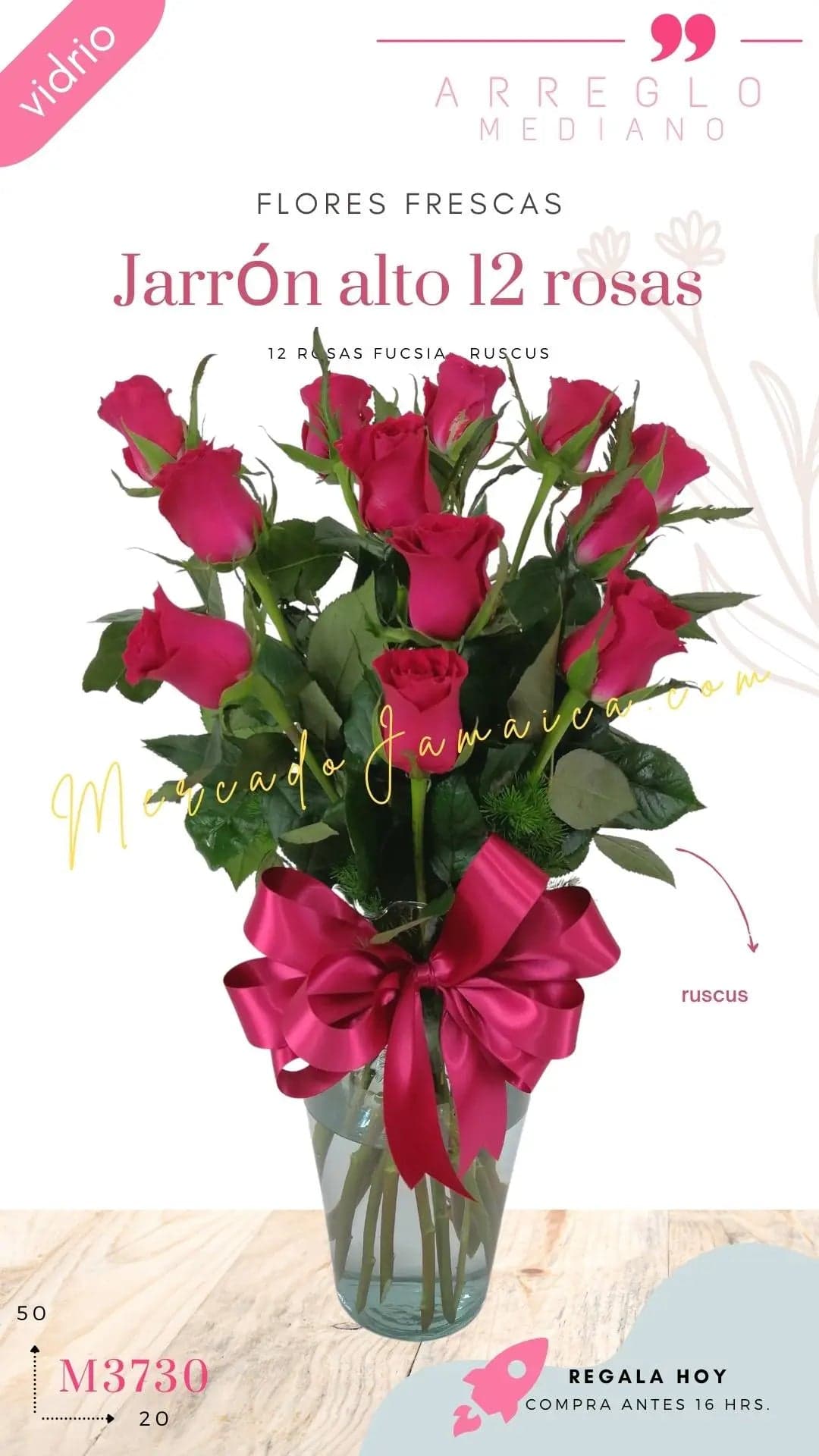 12 Rosas Fucsia en Florero | Envío CDMX