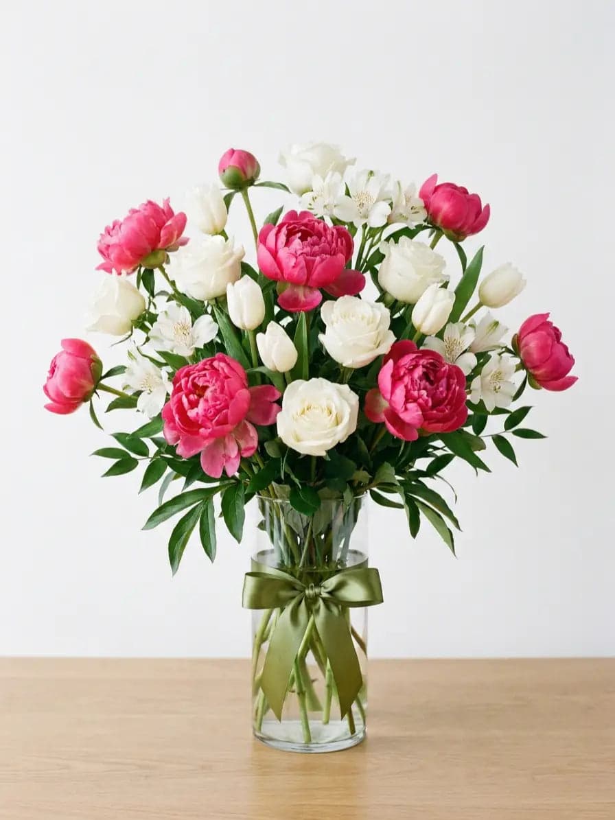 10 Peonías Fucsia con Rosas y Tulipanes CDMX