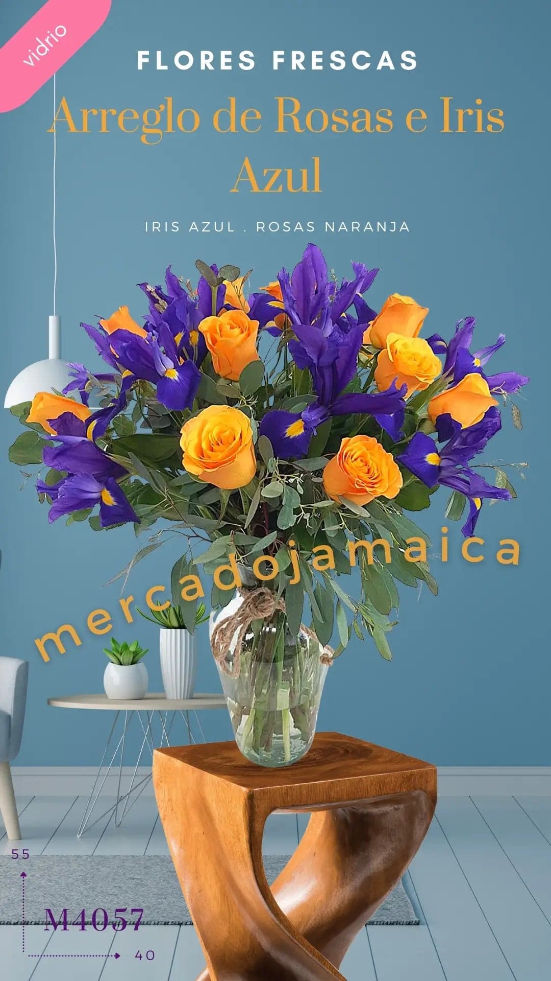 12 Rosas Naranja e Iris Azul en Florero | CDMX