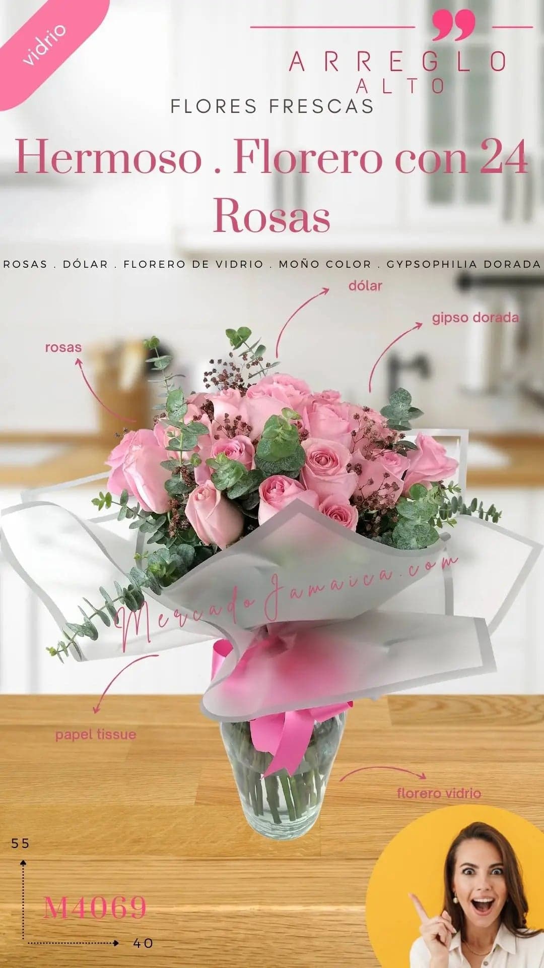 Florero 24 Rosas con Gypsophilia · CDMX a domicilio