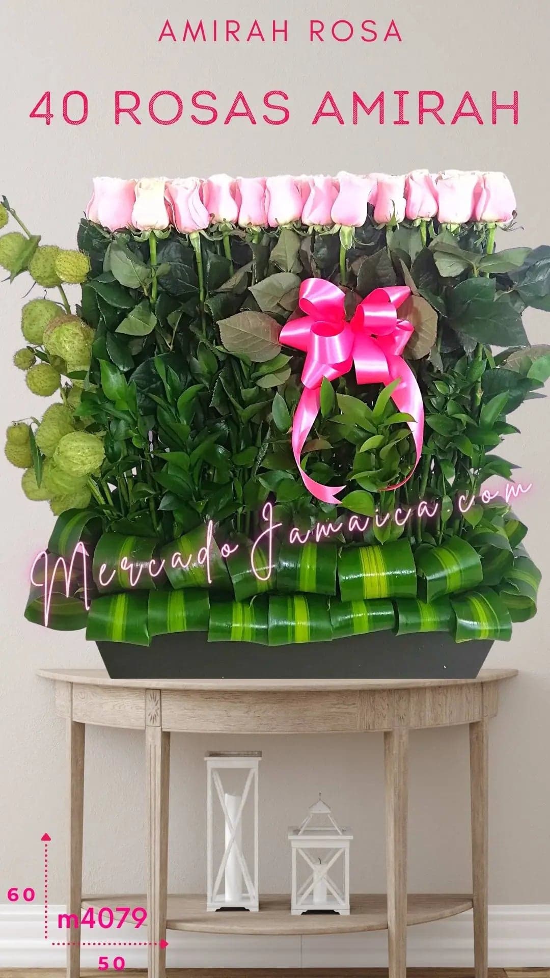 40 Rosas Rosas en Florero de Madera · CDMX